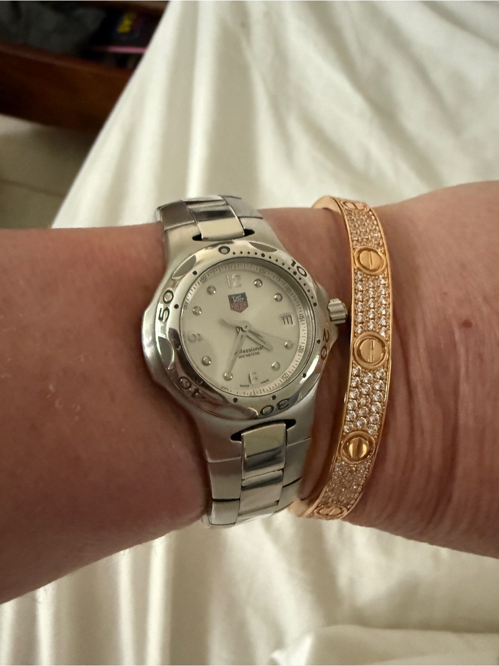 Tag Heuer Silver-Tone Bracelet Watch with Rose Gold Pavé Bangle
